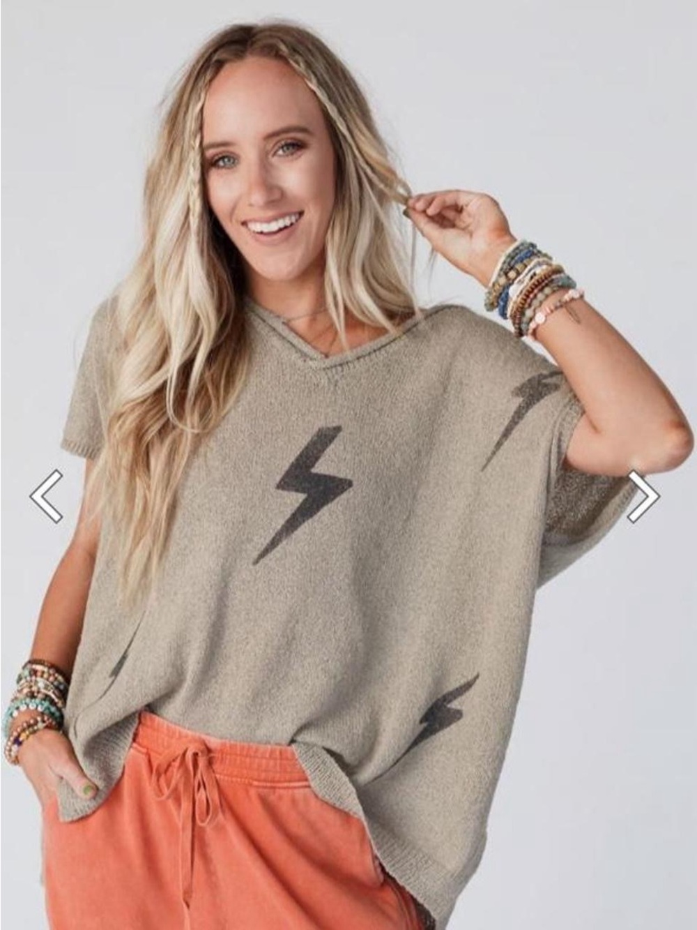 Three Bird Nest Taupe V-Neck Lightning Knit Sweater